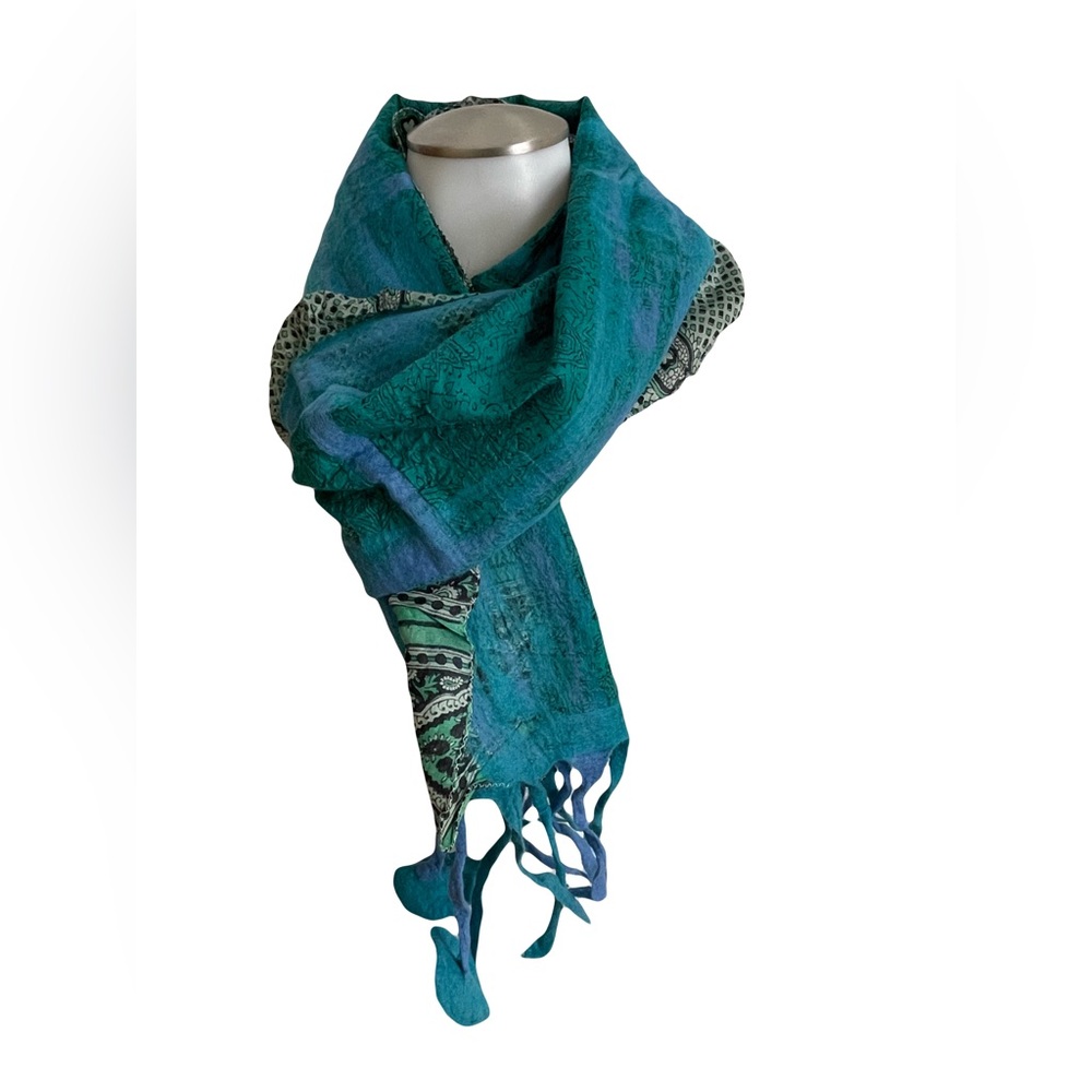 Teal and Black Patterned Nuno Felted Merino Wool and Silk Scarf